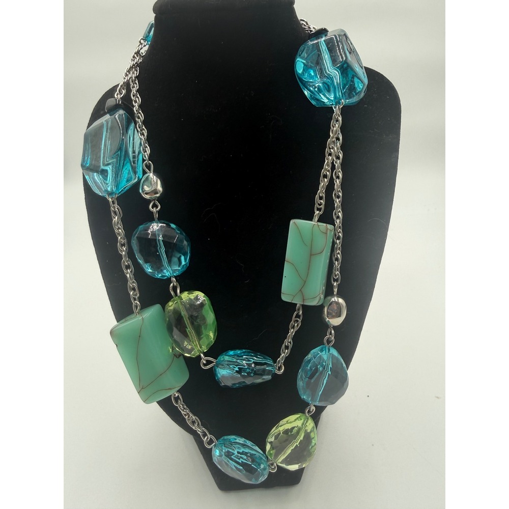 Chicos Turquoise Aqua Lime Green Bead Silver Tone Long Station Necklace 34-38in